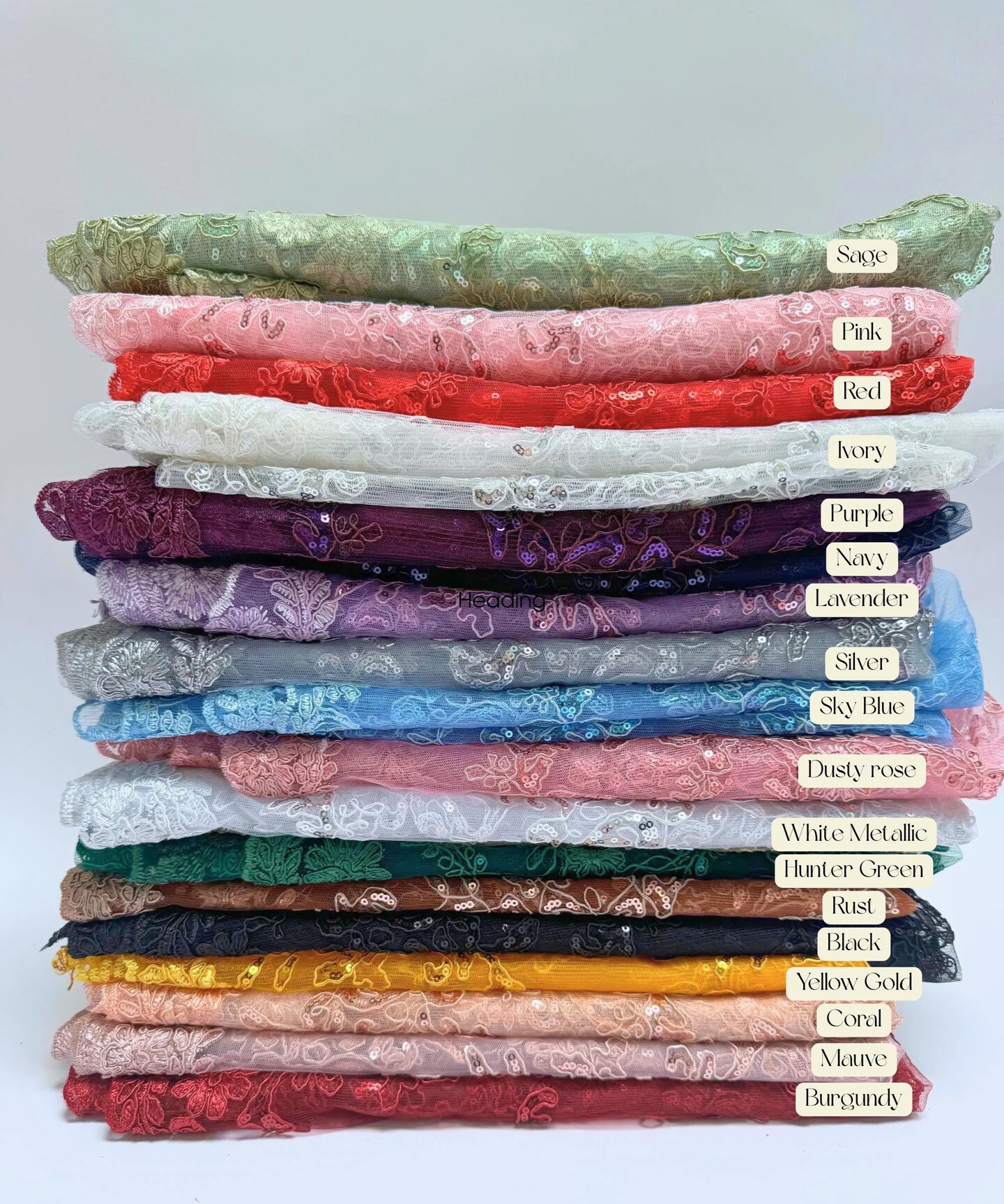 Rust Sequin Embroidered Lace Fabric by the Yard, 54" Wide Floral Mesh Lace with Double Scalloped Edges