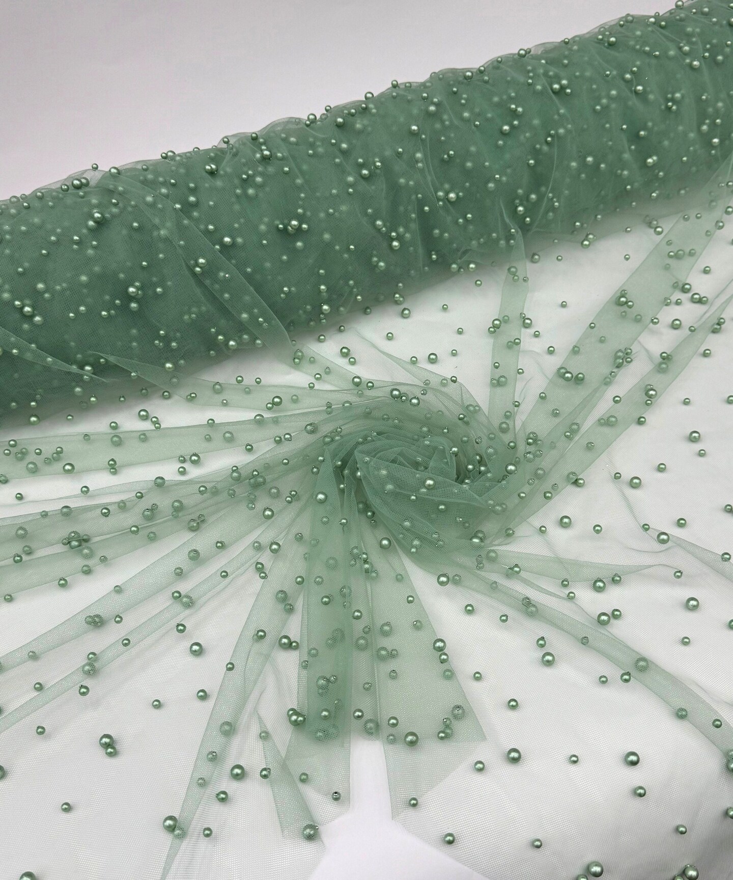 Sage Pearl Tulle Fabric by the Yard, 60" Wide Soft Pearl Scattered Mesh