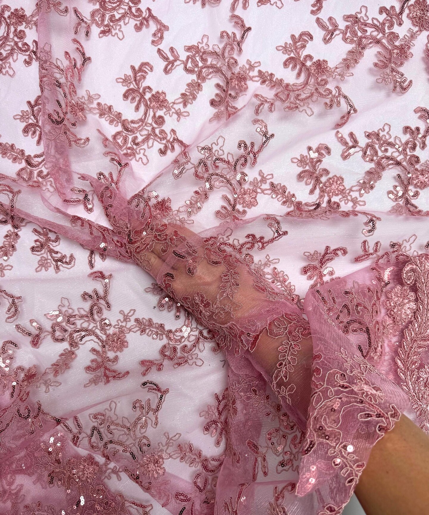 Mauve Sequin Embroidered Lace Fabric by the Yard, 54" Wide Floral Mesh Lace with Double Scalloped Edges