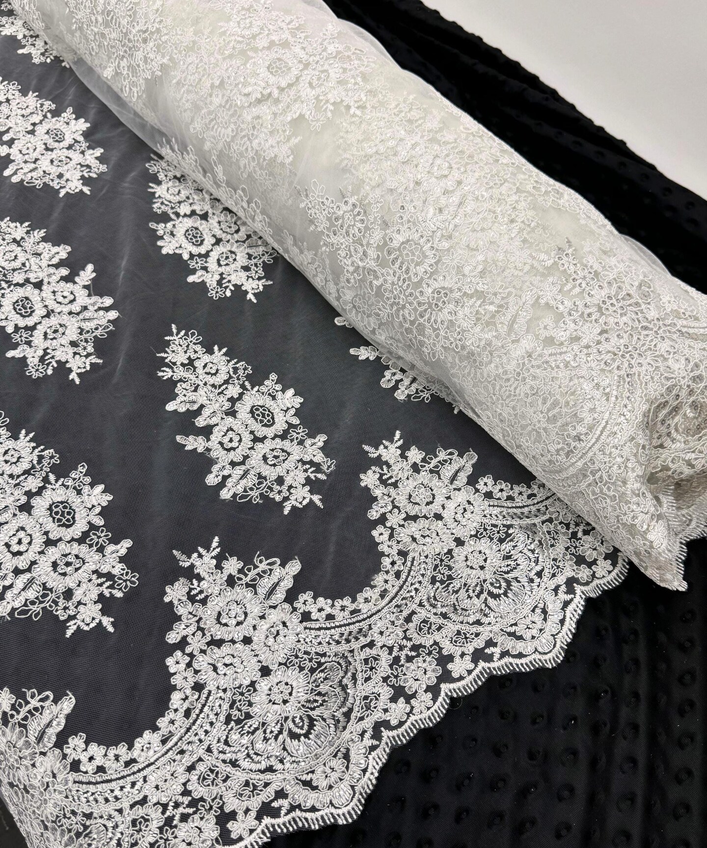 White Sequin Embroidered Lace Fabric by the Yard, 54" Wide Floral Mesh Lace with Double Scalloped Edges