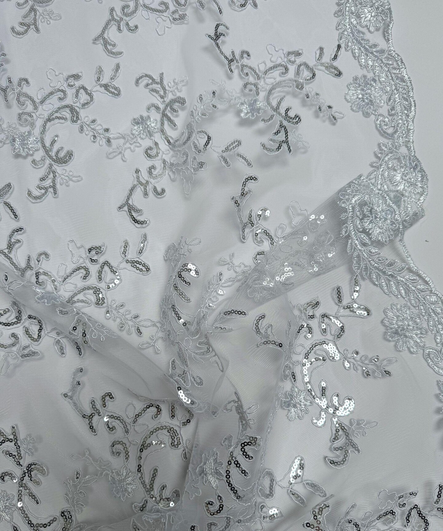 White Sequin Embroidered Lace Fabric by the Yard, 54" Wide Floral Mesh Lace with Double Scalloped Edges