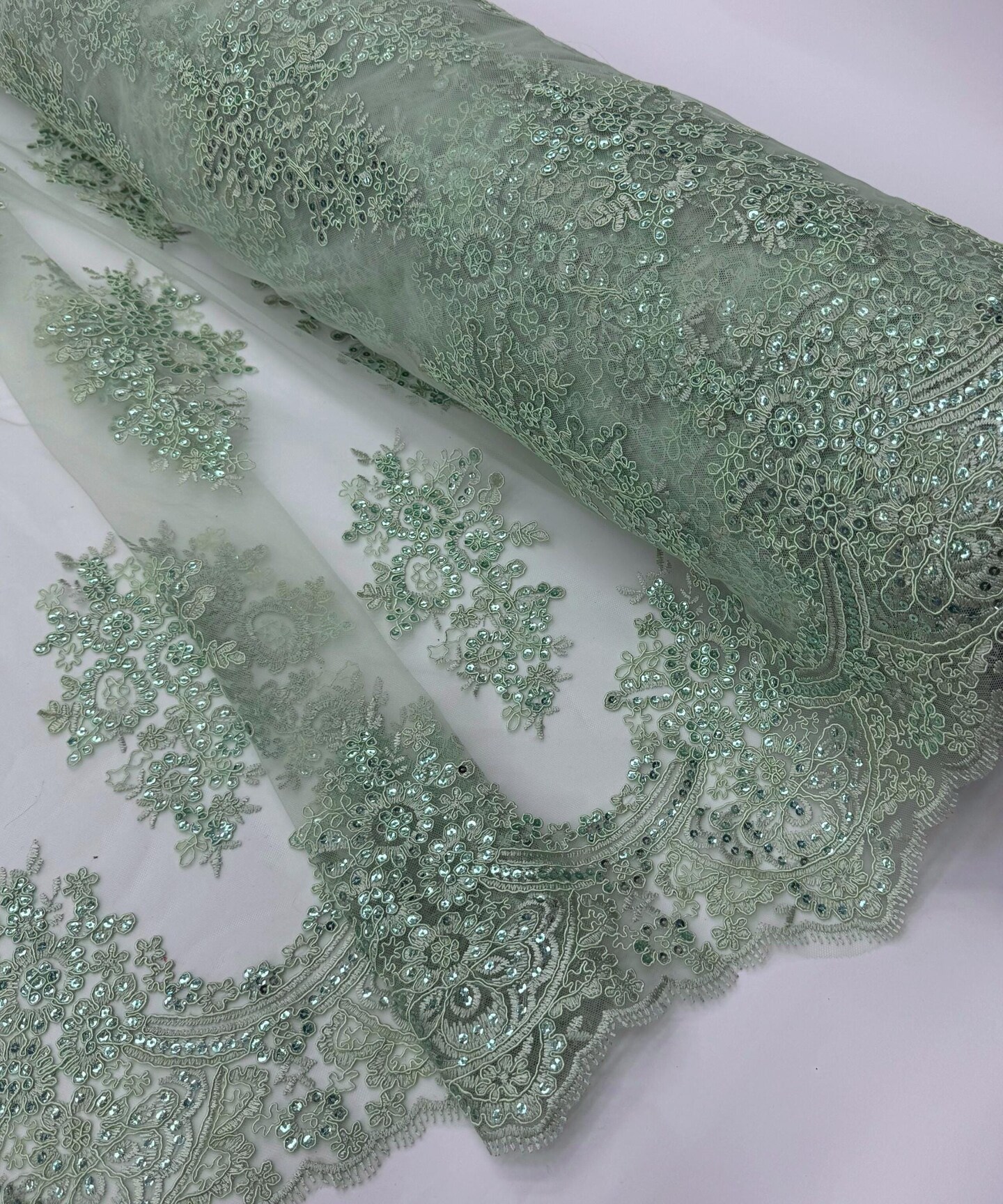 Sage Green Sequin Embroidered Lace Fabric by the Yard, 54" Wide Floral Mesh Lace with Double Scalloped Edges