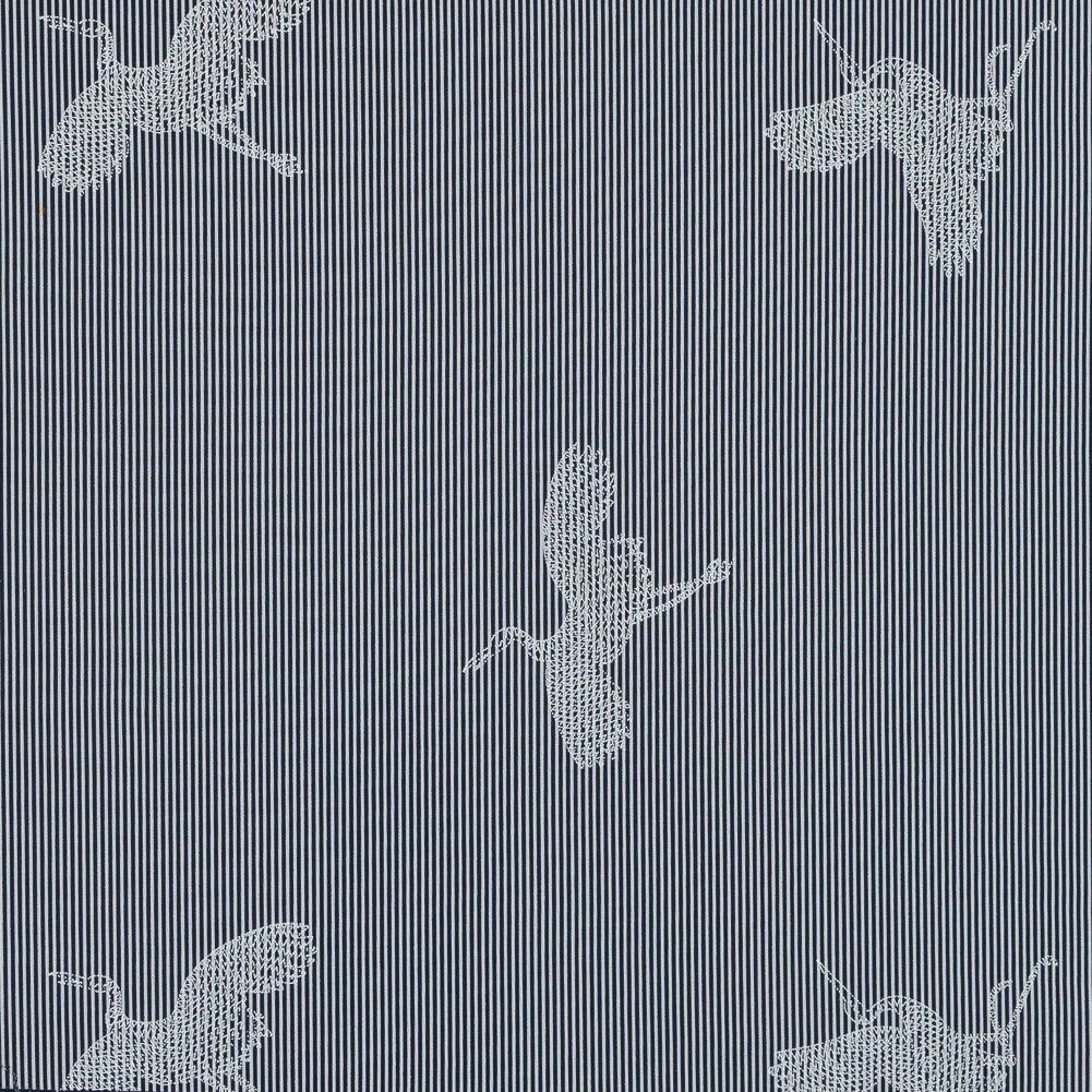 1 Yard Navy and White Striped Cotton Poplin Fabric with Cranes