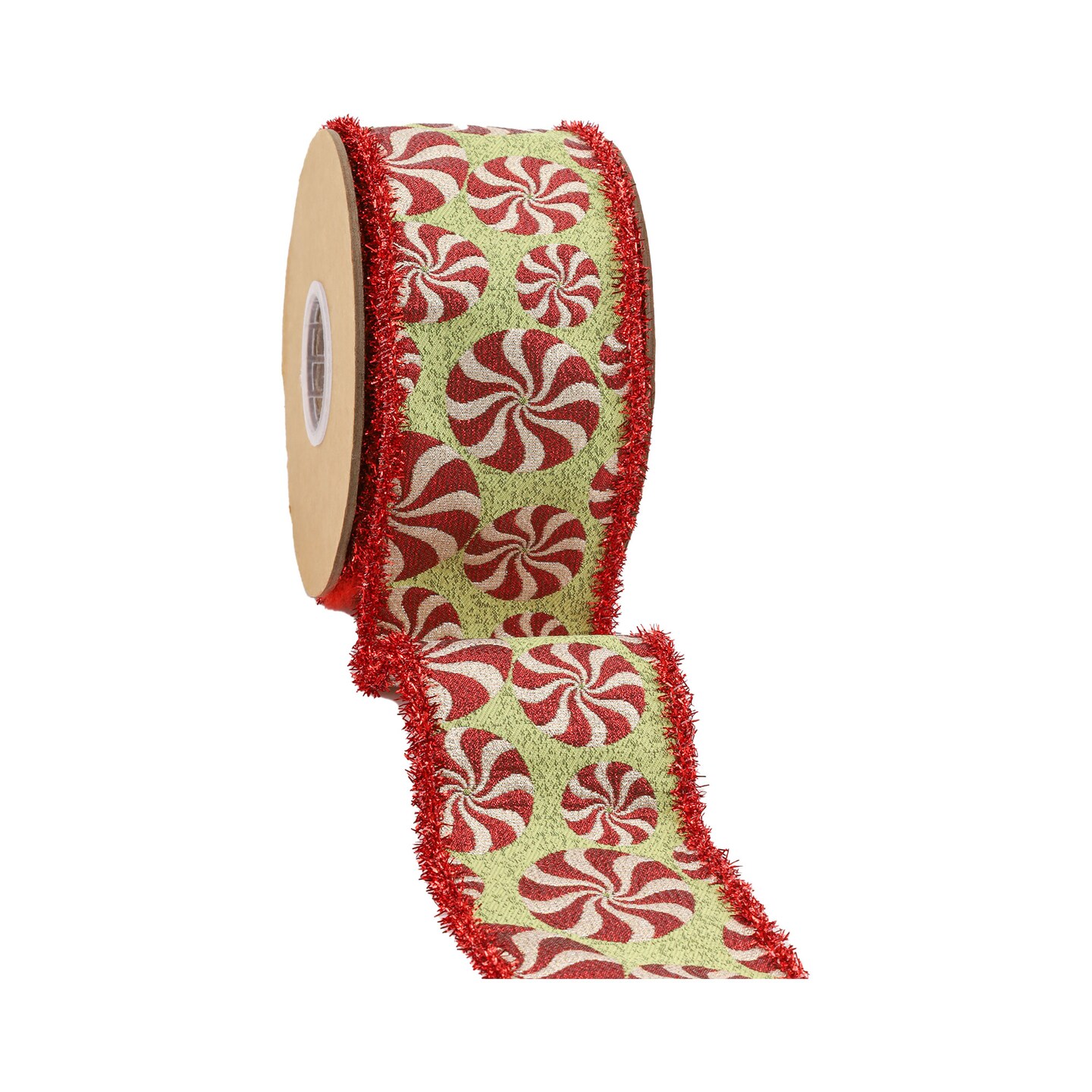 LaRibbons 4" - 2 1/2" Wired Jacquard Ribbon | Peppermint on Fuschia w/ Tinsel Edge | 5 Yard Roll