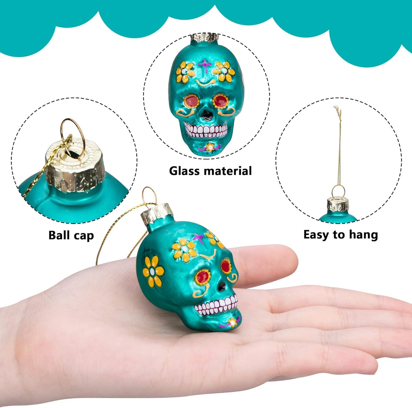 12pcs Day of The Dead Glass Sugar Skull Ornaments