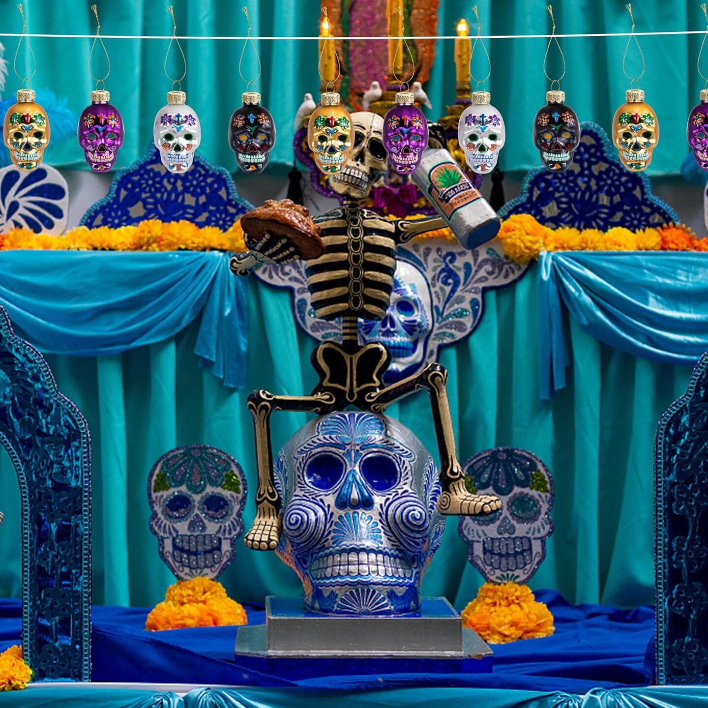 12 Pcs Day of The Dead Glass Ornaments (Skull)