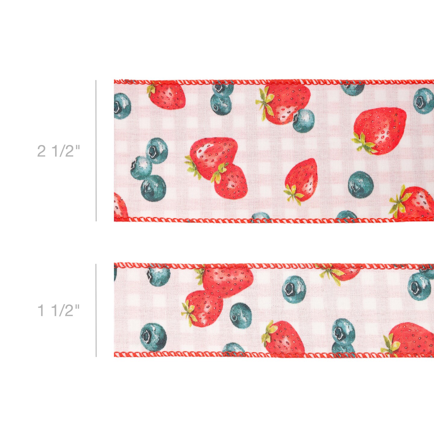 LaRibbons 1 1/2" - 2 1/2" Wired Ribbon | Strawberry/Blueberries on White w/ Checked Back | 10 Yard Roll