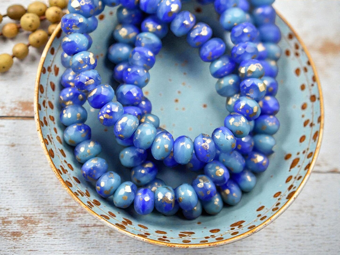 *30* 3x5mm Antique Gold Washed Blended Turquoise & Royal Blue Silk Fire Polished Rondelle Beads