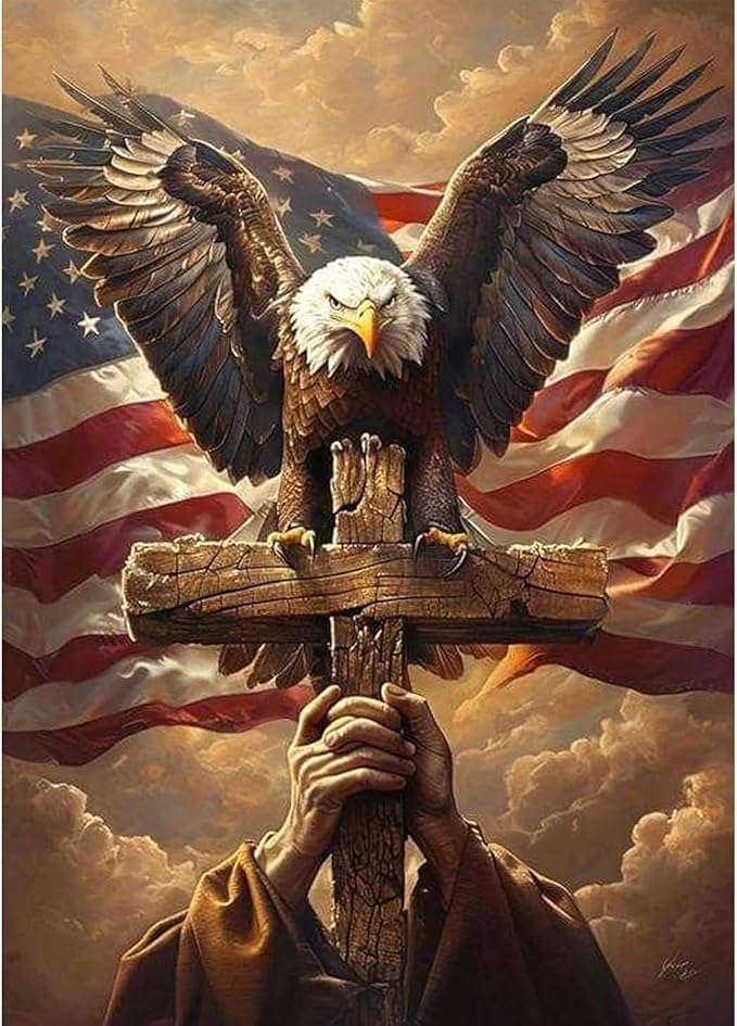 5D DIY US Flag Independence Day Eagle Cross Diamond Painting Kits for Adults, US 4th of July Full Drill Crystal Rhinestone Paintings Pictures Arts Wall Decor Painting Dots Kits 11.8X15.7inch
