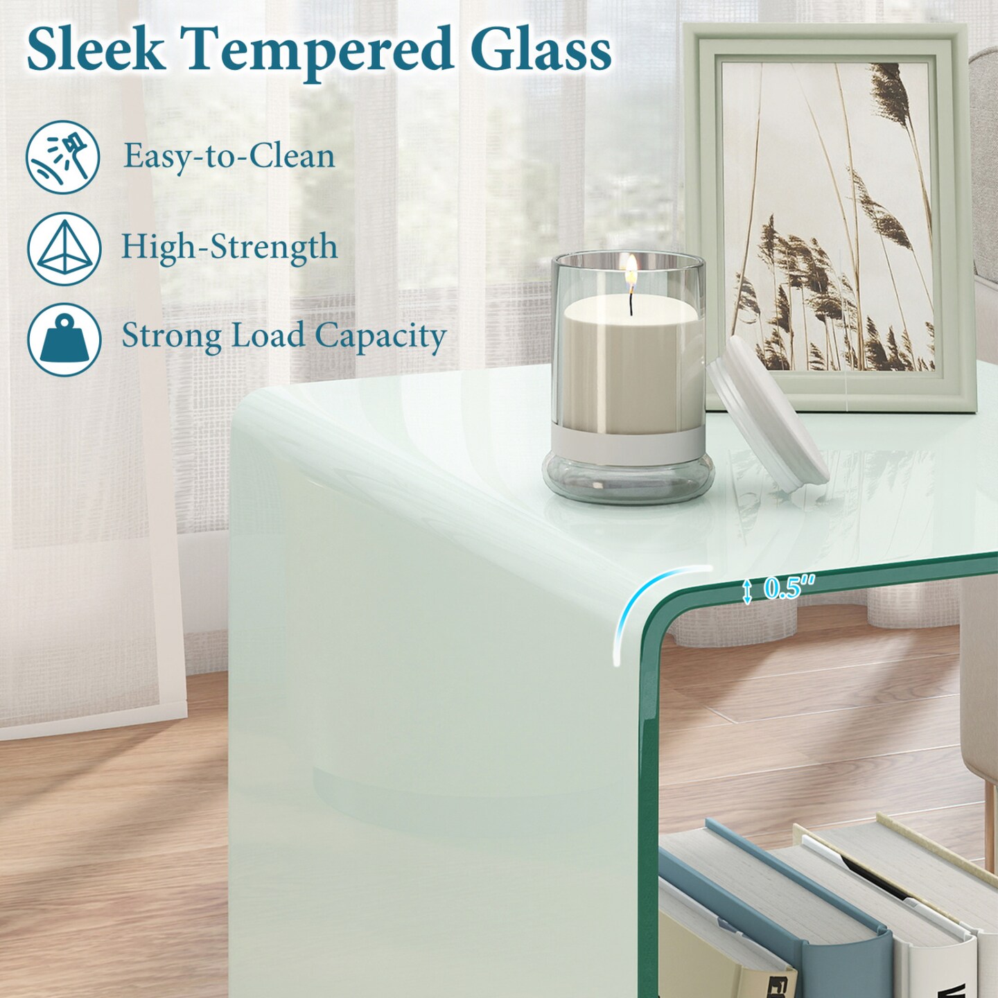 Glass End Table 2-Tier Shelf Mobile Detachable Wheels Sofa Side Table