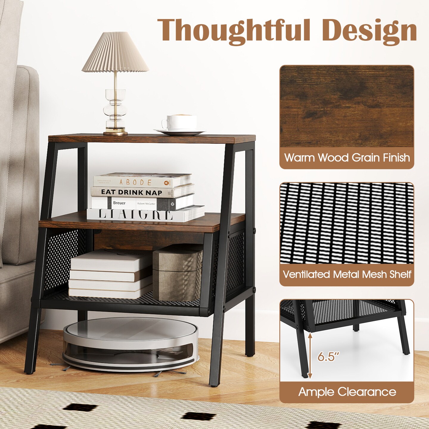 3-Tier Industrial End Table with 2 Open Shelves and Mesh Storage