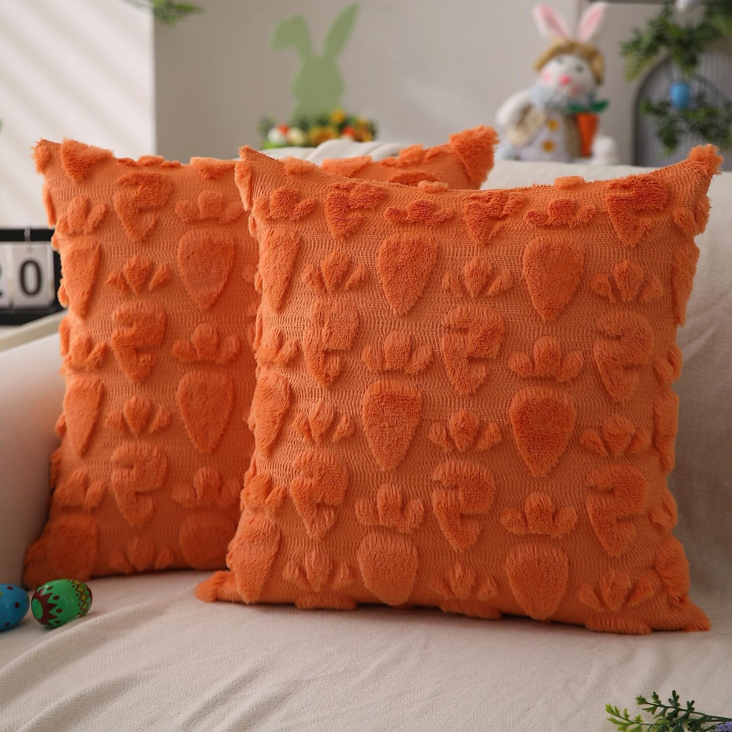 Easter Pillow Covers 18x18 inch Set of 2 Easter Decoration Orange Carrot Soft Plush Faux Fur Jacquard Throw Pillows for Bedroom Sofa Holiday Festivals Home Decor FHJ-08A18