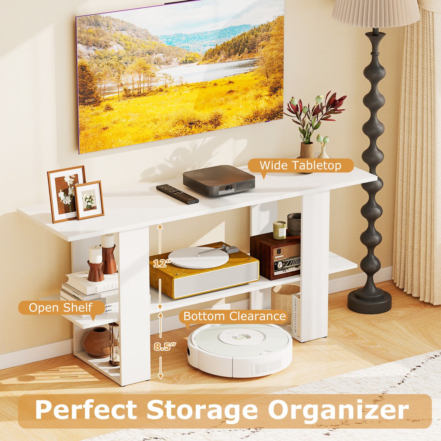 White TV Stand for 55 Inch TV with Open Shelf Engineered Wood