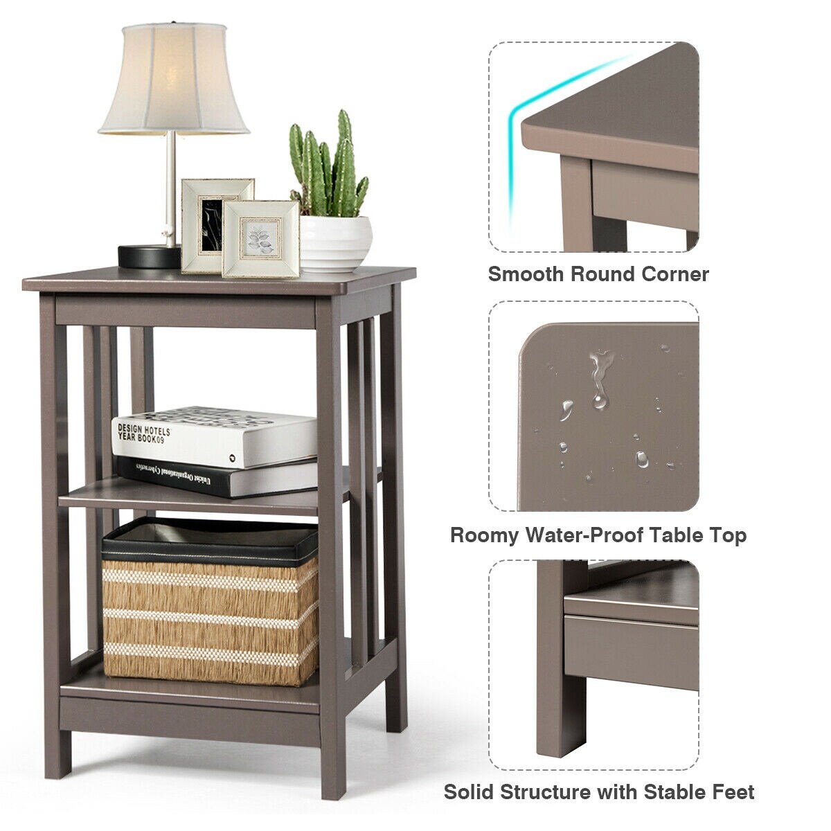 Modern End Table with Double Shelf Storage and Round Corner Design