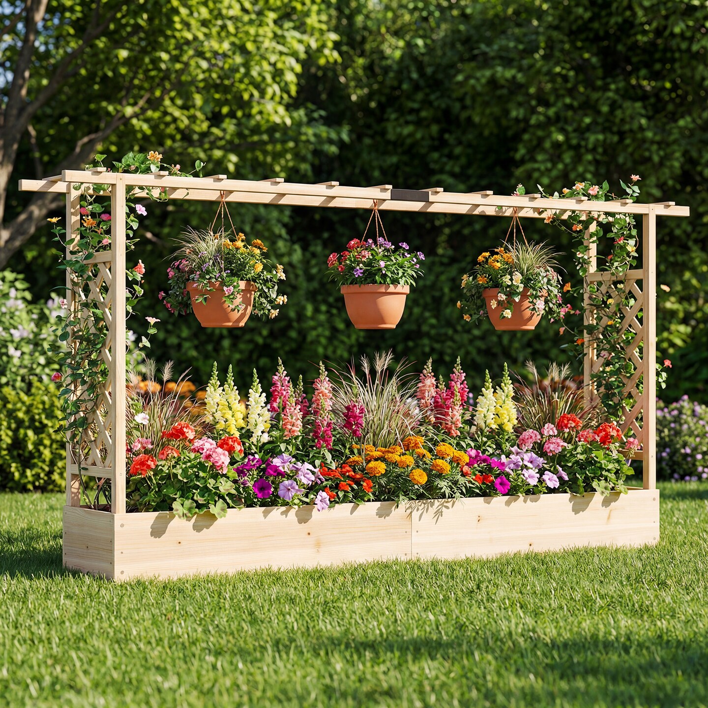 45" Wooden Elevated Garden Planter with Side Trellis, Roof and Drainage System