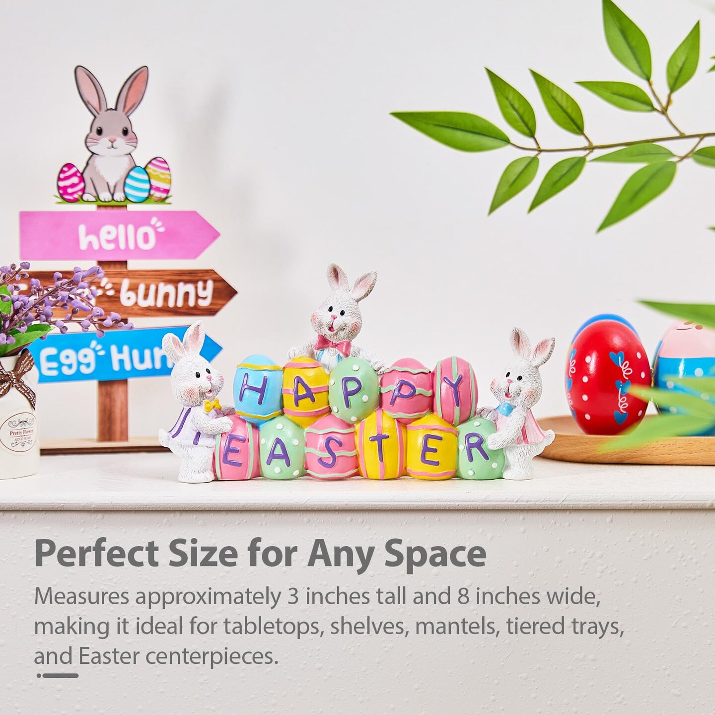 3 Bunny Holding Eggs and Happy Easter Decorations, Resin Easter Bunny Rabbits Figurine Tabletop Centerpiece for Spring Decor Easter Home Office Party Decor