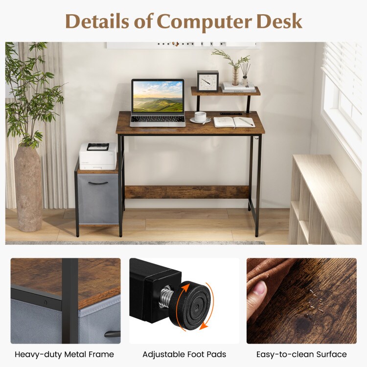 Computer Desk with USB, AC Outlets, Reversible Drawer and Adjustable Shelf