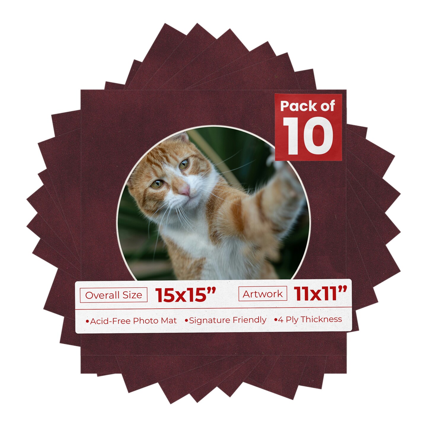 Dark Red Suede Mat Board for 15x15 Frames - Circle Opening for 11x11 Photos