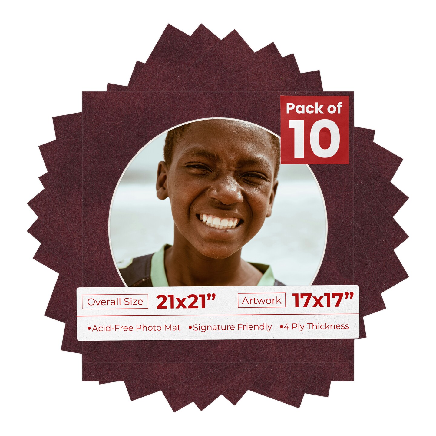 Dark Red Suede Mat Board for 21x21 Frames - Circle Opening for 17x17 Photos