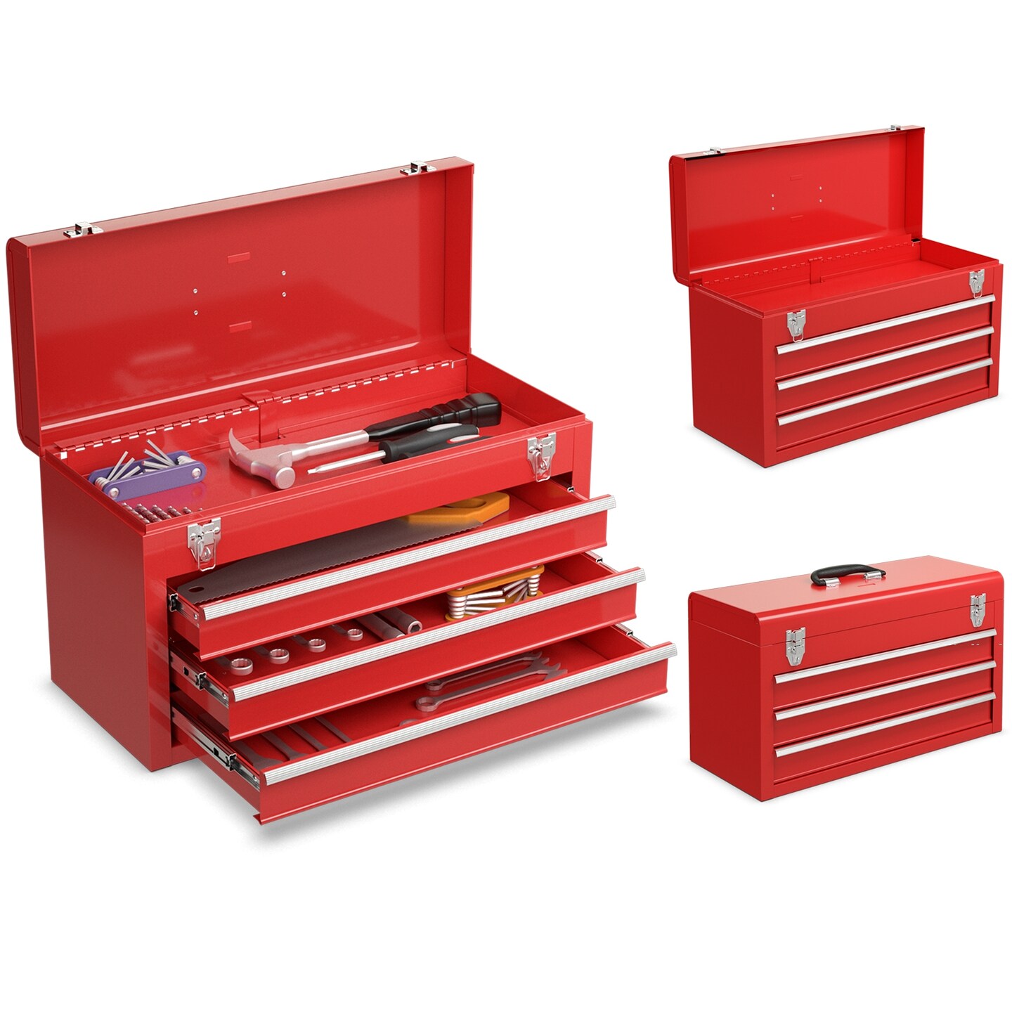 Red Steel 3-Drawer Portable Tool Chest with Keys and Ball Bearing Slides
