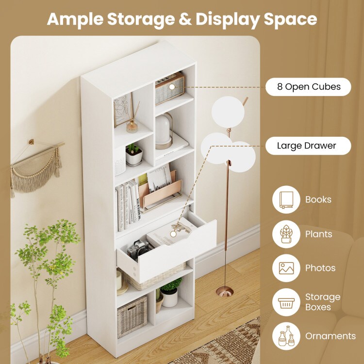 61 Inch Tall Freestanding Bookcase with 8-Cube Storage and Drawer