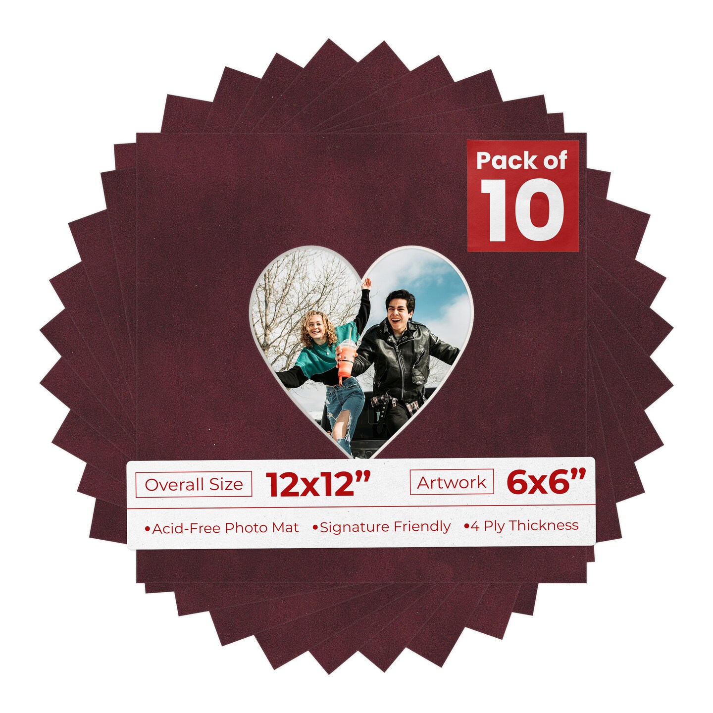 Dark Red Suede Mat Board for 12x12 Frames - Heart Opening for 6x6 Photos