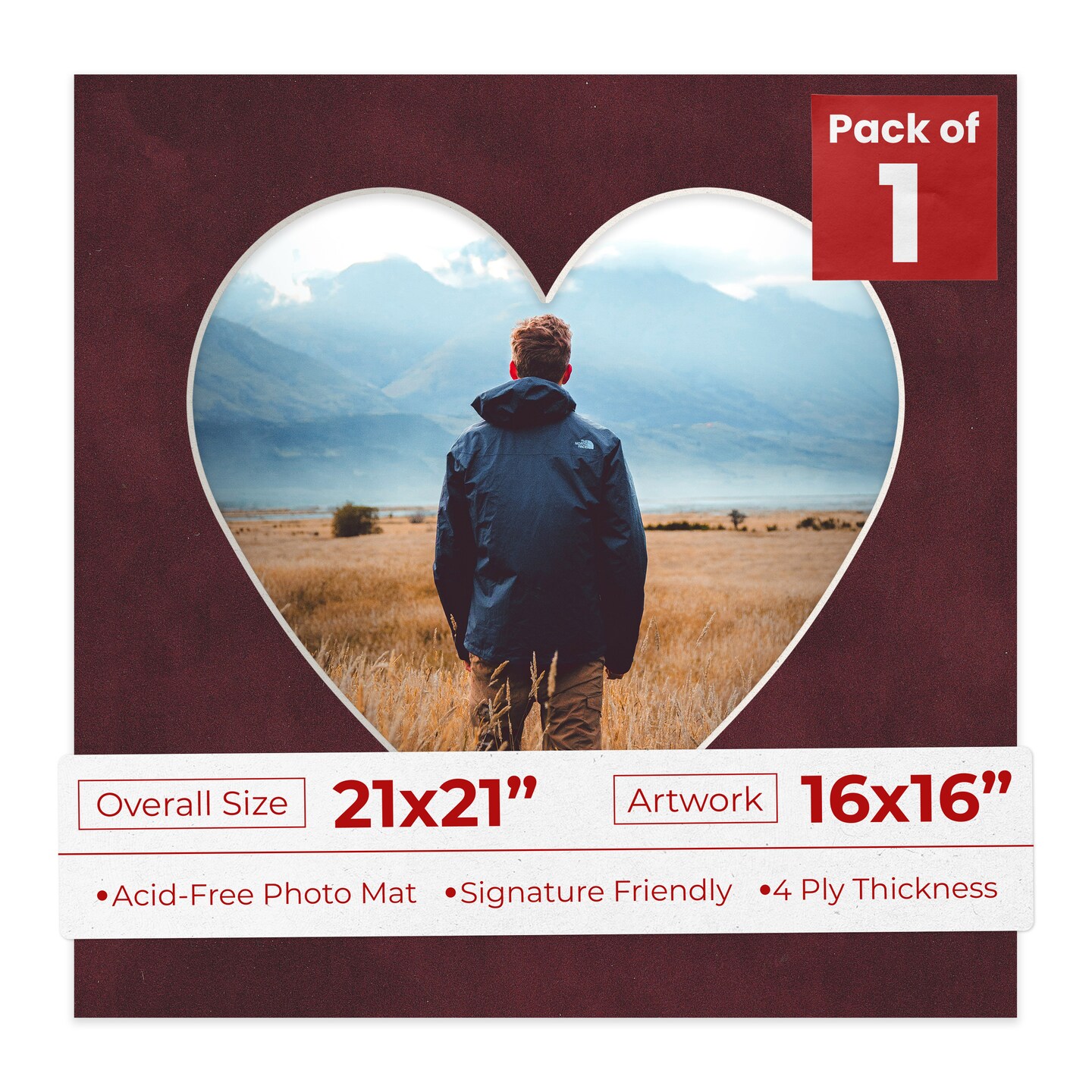 Dark Red Suede Mat Board for 21x21 Frames - Heart Opening for 16x16 Photos