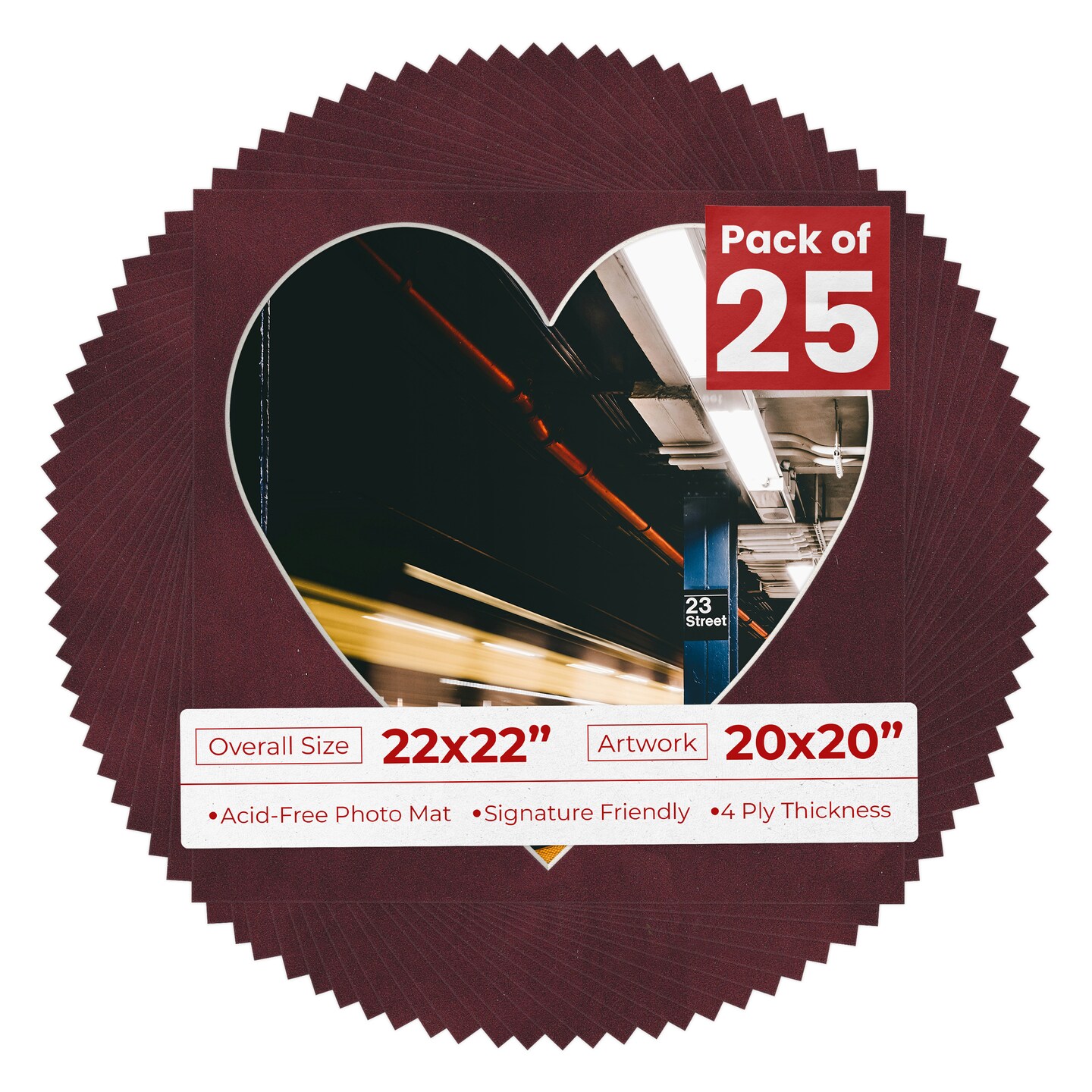 Dark Red Suede Mat Board for 22x22 Frames - Heart Opening for 20x20 Photos