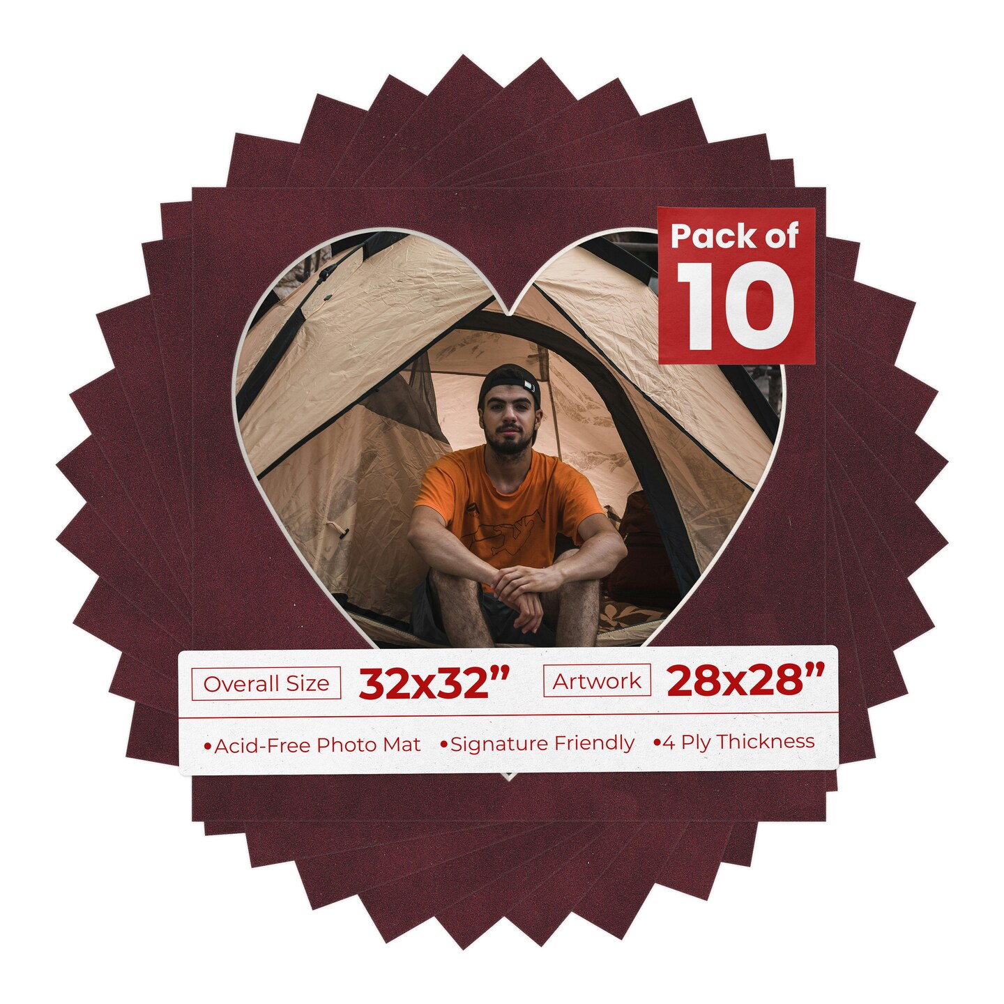 Dark Red Suede Mat Board for 32x32 Frames - Heart Opening for 28x28 Photos