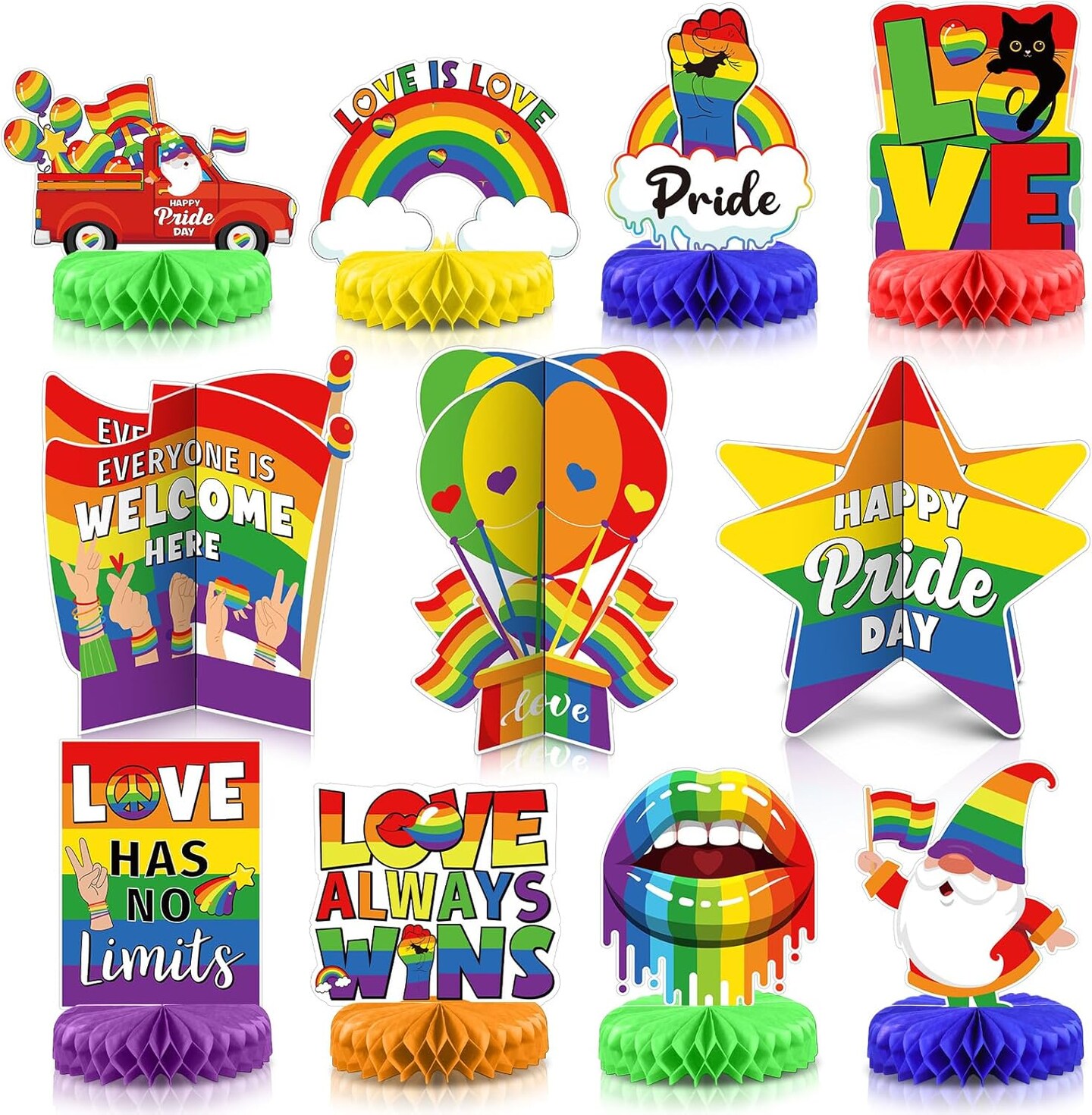 11 Pcs 3D Rainbow Honeycomb Table Centerpiece Pride Decoration