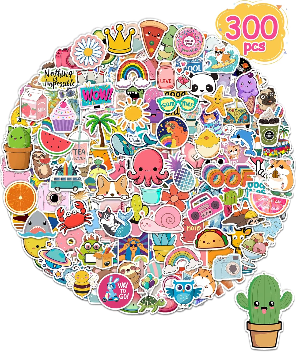 300 Pcs Stickers for Kids, Cute Water Bottle Vinyl Waterproof Laptop Stickers