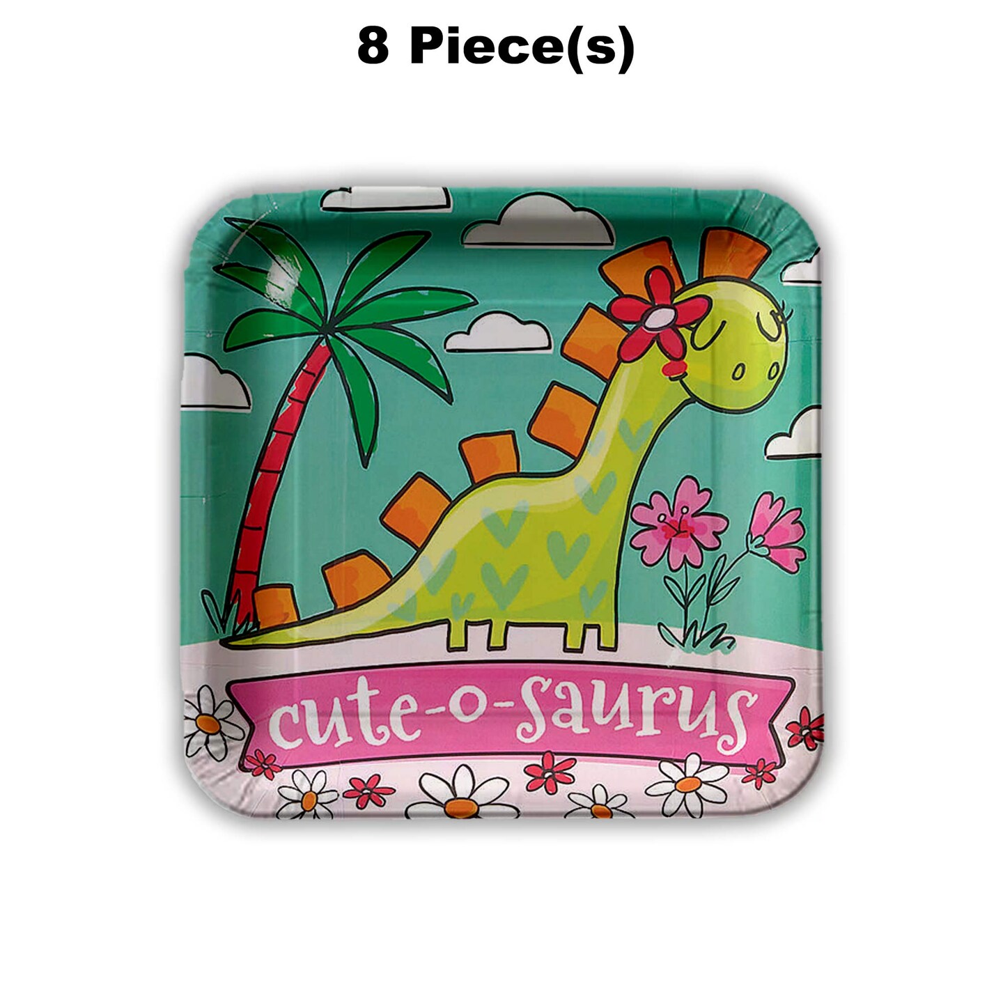 8 Count Girl Dinosaur Party Cute-O-Saurus Square Paper Dessert Plates 6.5" Birthday Plates