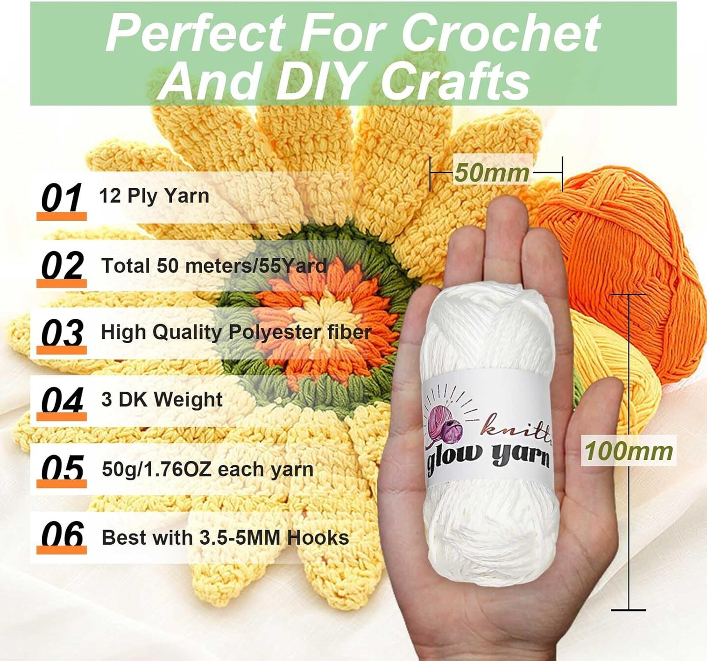 10 Pack Glow in The Dark Yarn for Crocheting, Knitting, and Crafts(White)