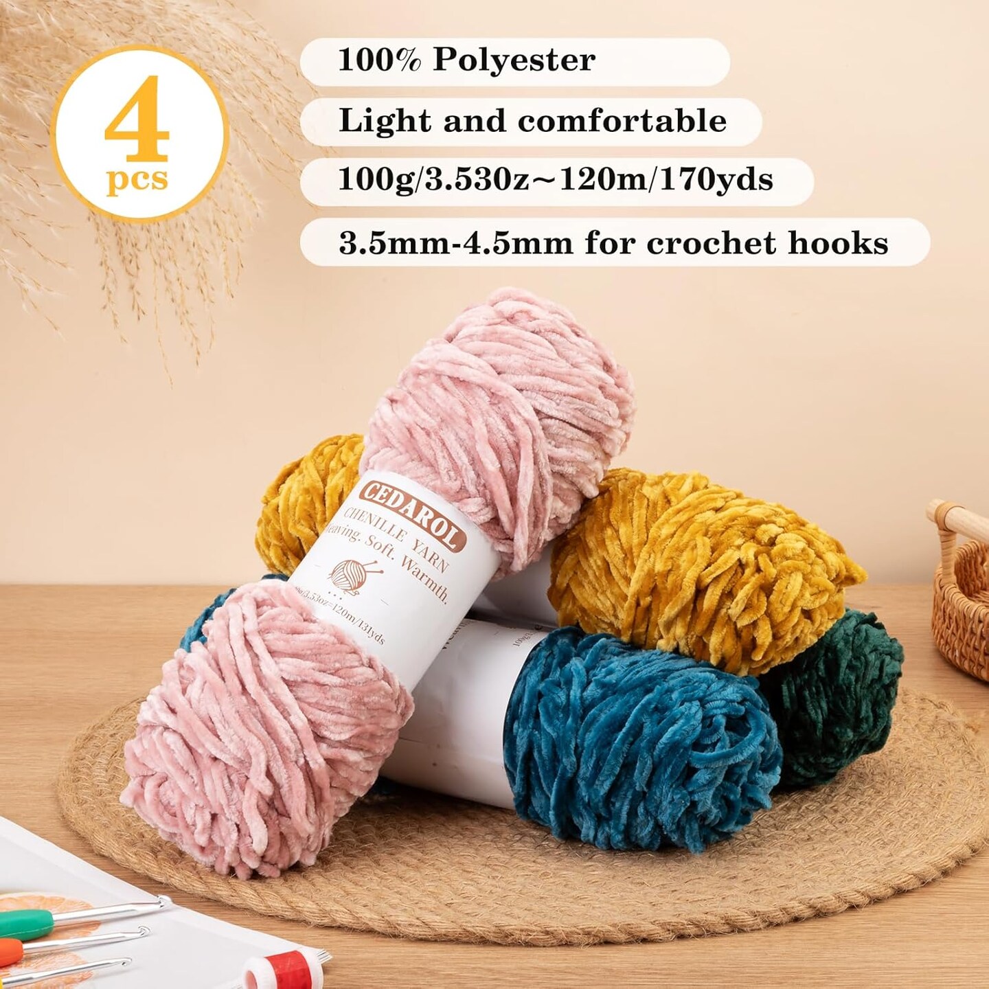 4 * 3.5oz/100g Chenille Yarn for Crocheting(Pink)