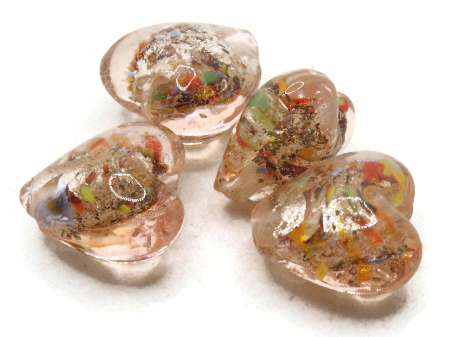 4 16mm Pink with Rainbow Inclusions Lampwork Glass Heart Beads