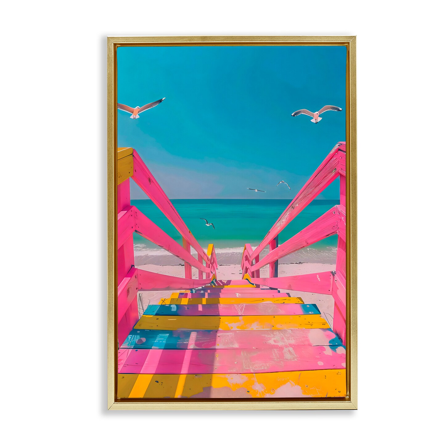 Stupell Industries Retro Pink Beach Stairs Black Framed Floater Canvas Wall Art, design by LSR Design Studio