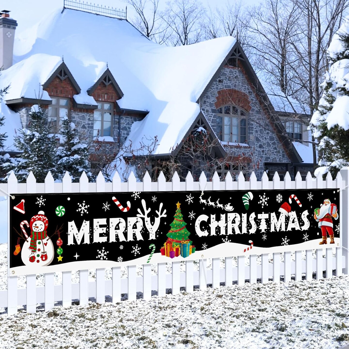 Large Merry Christmas Banner 120" x 20" Double Printed Xmas Decoration Snowman(Multicolor)120"L x 20"W