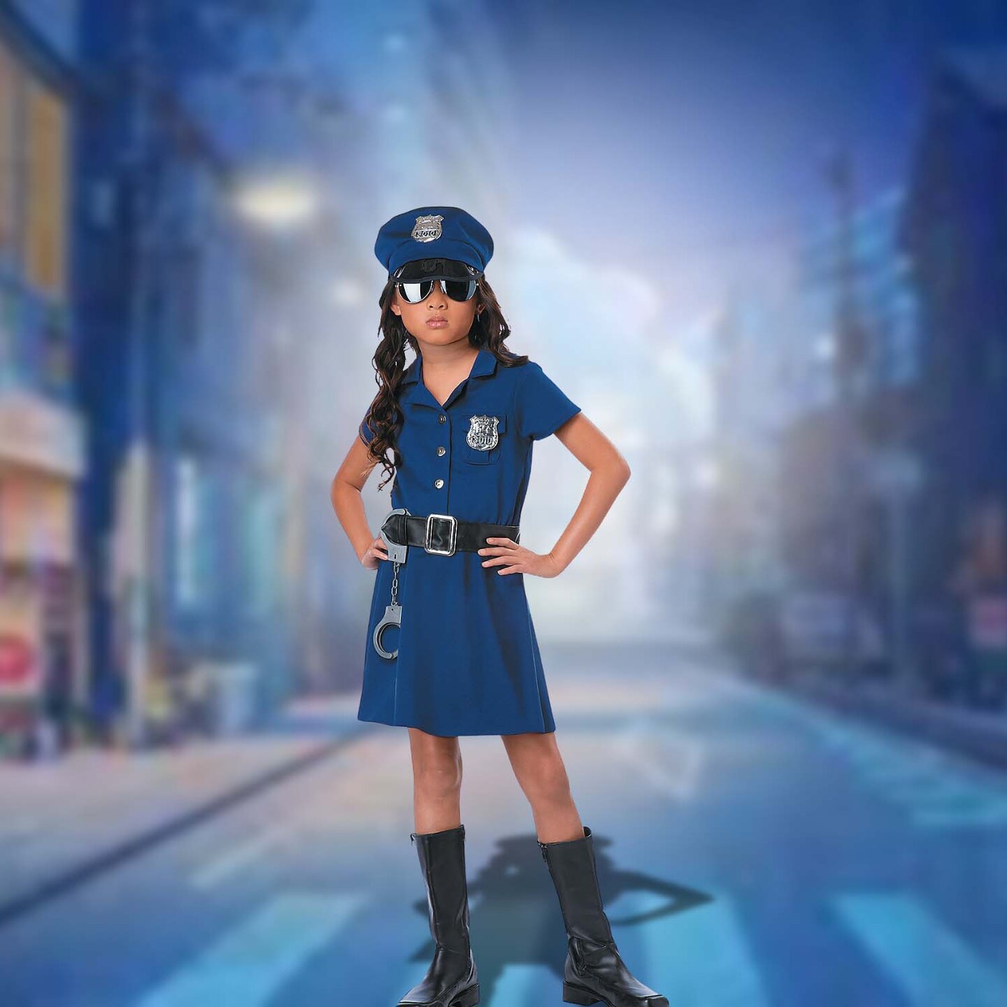 Girl&#x2019;s Police Officer Costume with Blue Dress Hat and Badge Set for Halloween