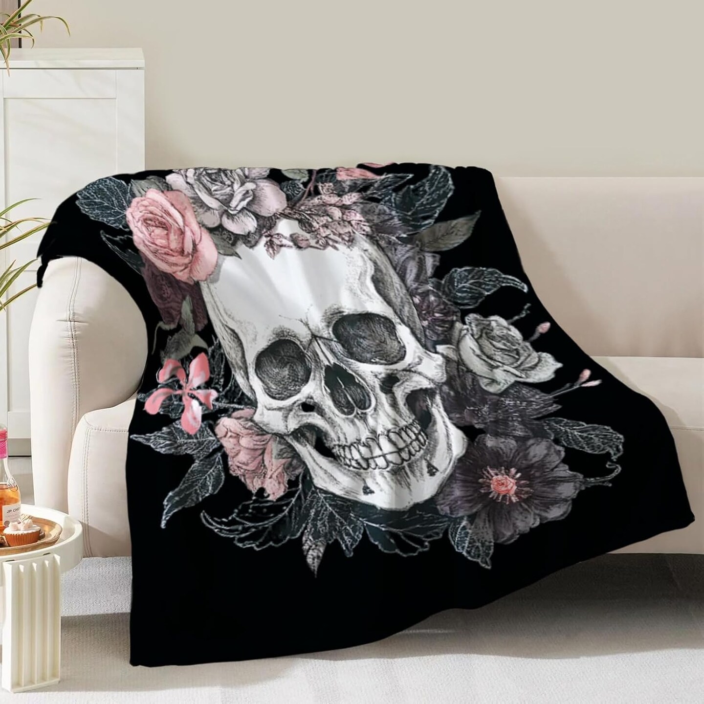 Skull Floral Throw Blanket 60”x50” – Soft Plush Fleece Cozy