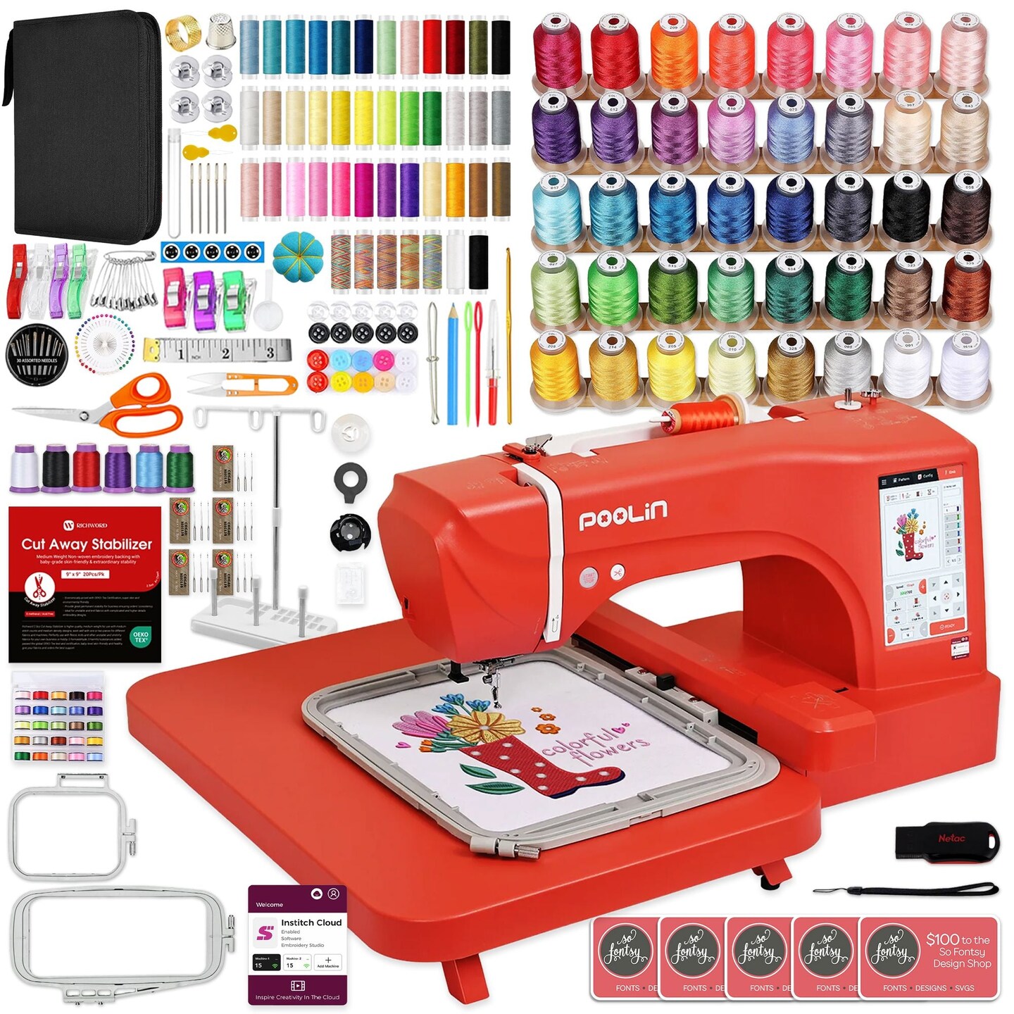 POOLIN EOC05 4in x 9.2in Embroidery Machine with Accessory Kit - Red