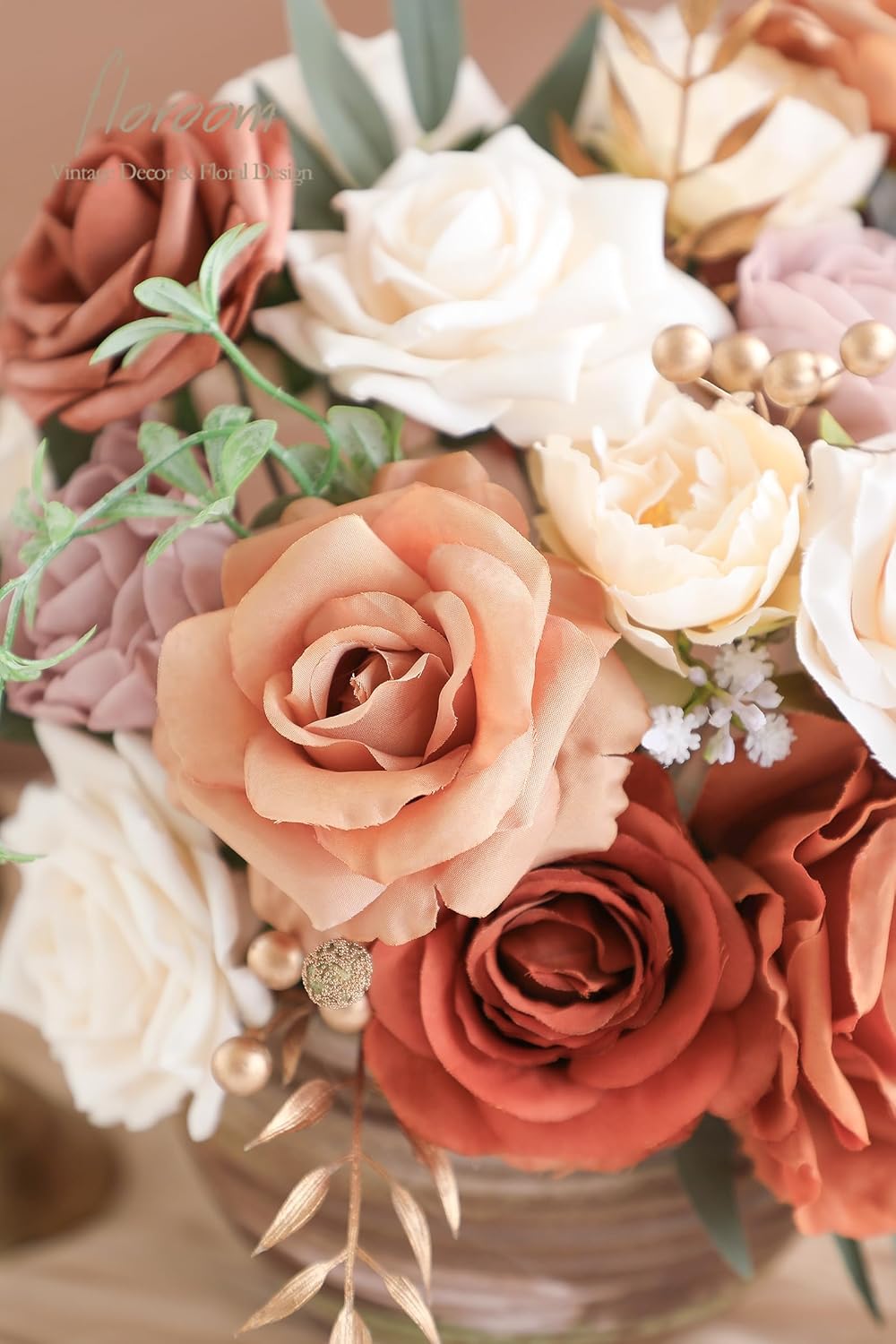 Terracotta Artificial Flower Combo Set - Burnt Orange Fake Roses, Peonies & Dahlias with Greenery - DIY Wedding Bouquet & Centerpiece Kit - Rustic Floral Decor for Bridal Showers