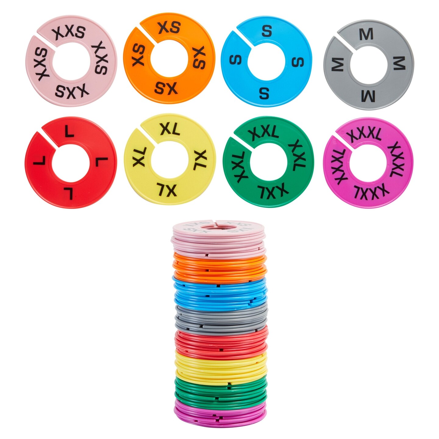 80 Pack XXS to XXXL Sizing Rings for Clothing Racks, Small Business, Yard Sale, 8 Colors