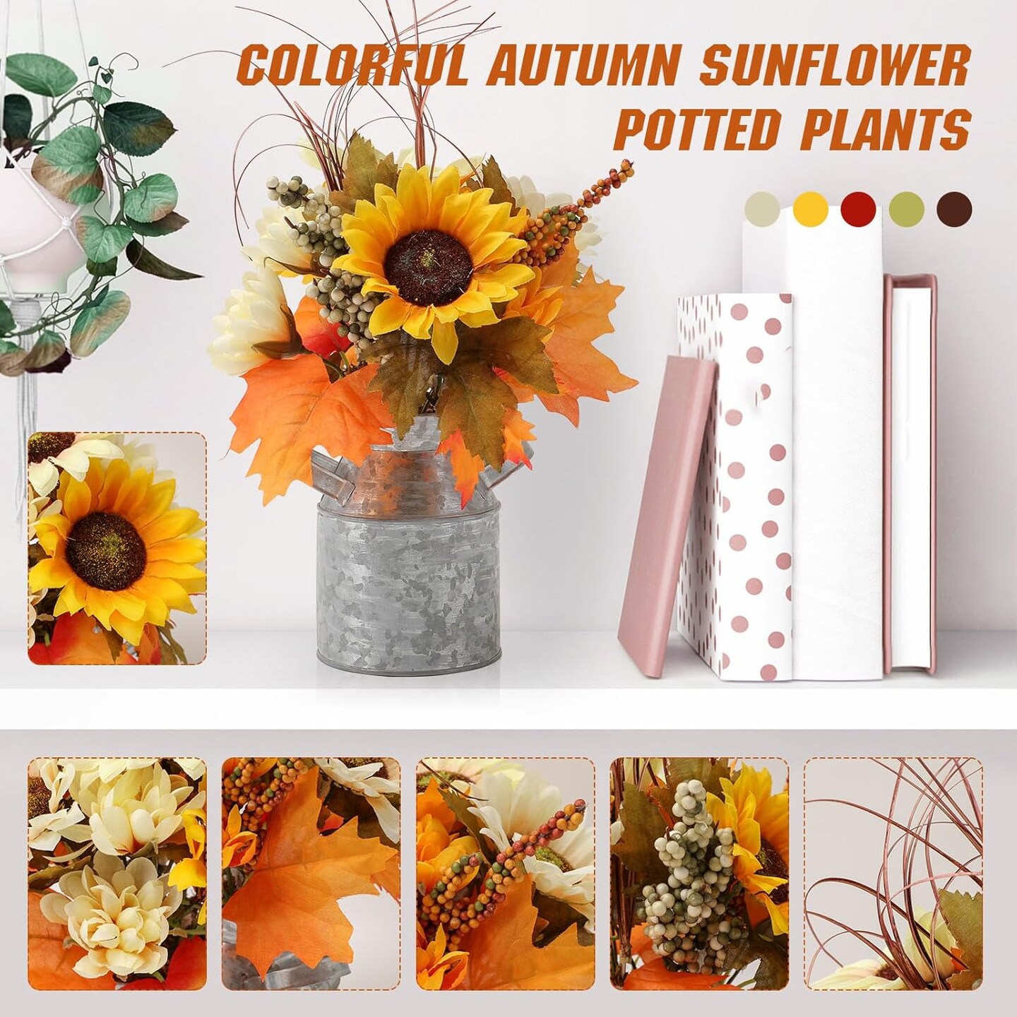 Sunflowers Artificial Flowers with Pot,Fake Potted Flowers with Sunflower Maple Leaf Berry Fall Faux Silk Flowers Sunflower Centerpieces for Tables Decor
