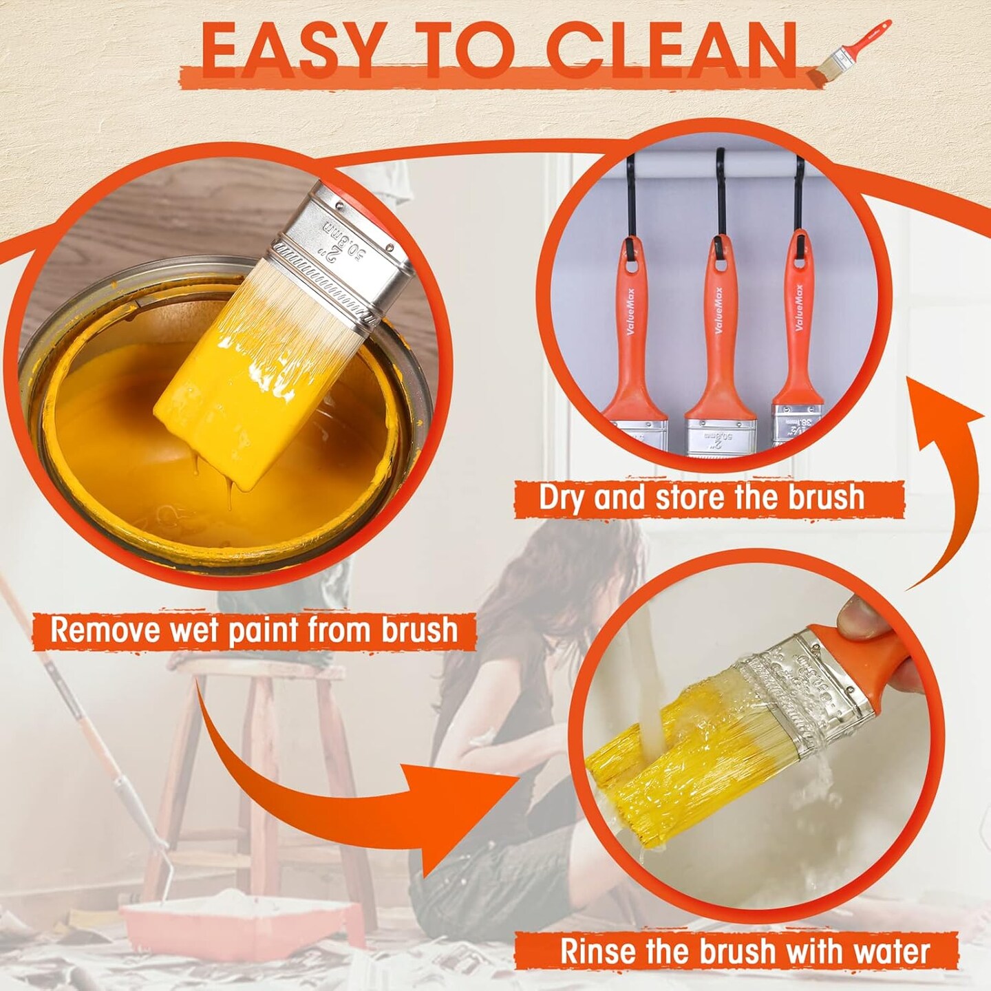 Paint Brushes 5-Pack, Paint Brush Set with 4 Sizes, Professional Wall Brush, Flat Small Paintbrushes with Comfortable Handle