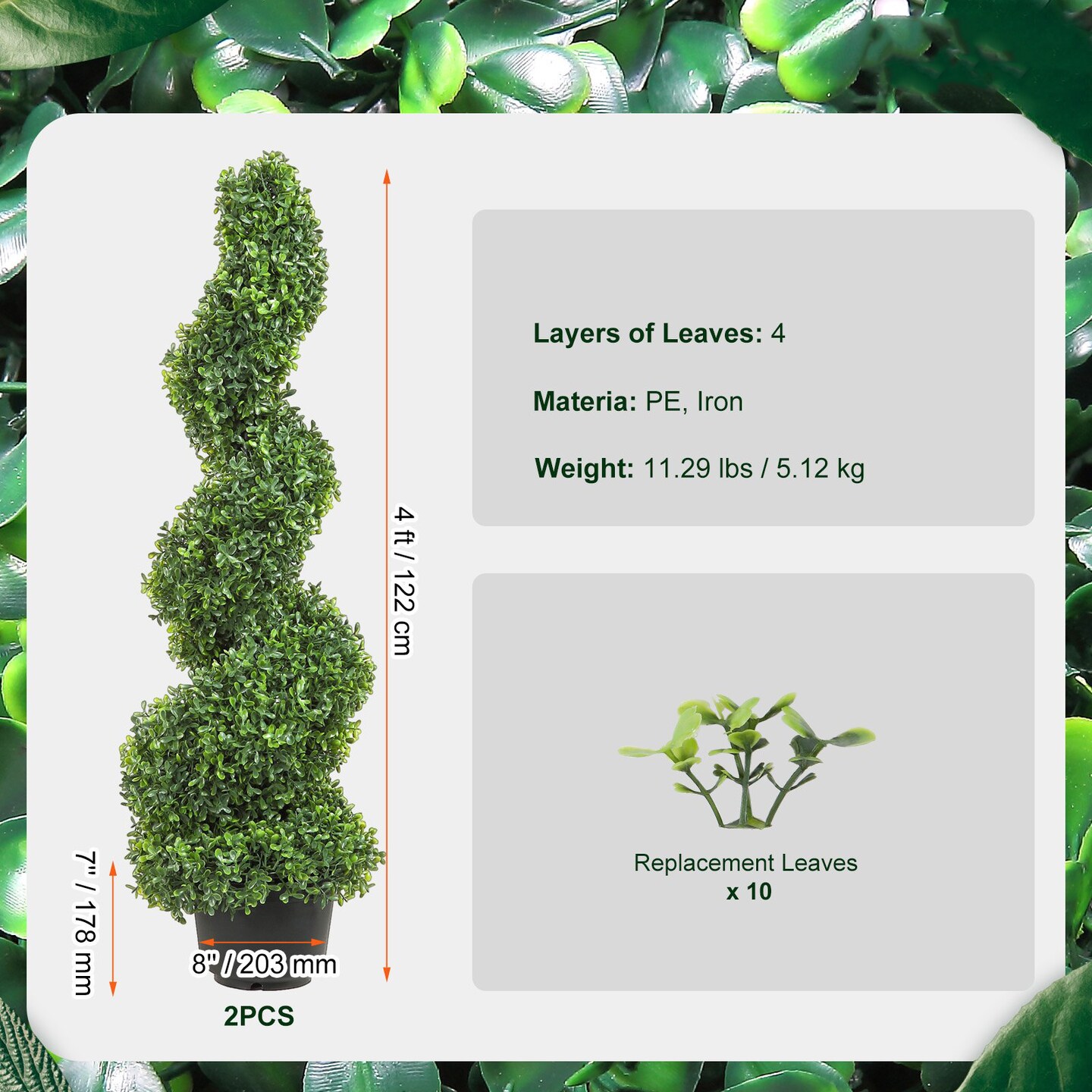 2 pcs Artificial Boxwood Spiral Topiary Decorative Plant with Replacement Leaves