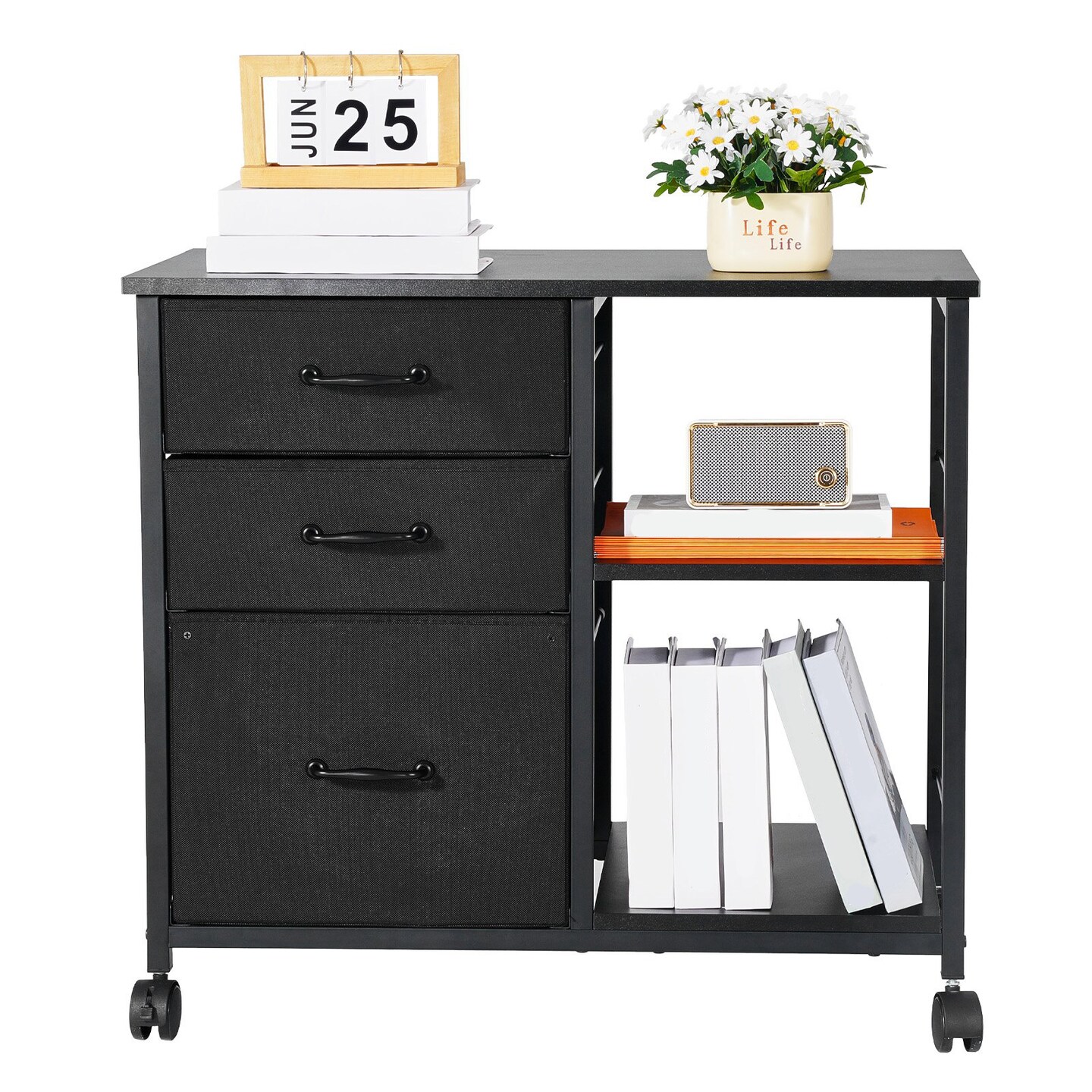 Mobile Metal File Cabinet with 3 Fabric Drawers and 2 Shelves Wooden Storage with Wheels