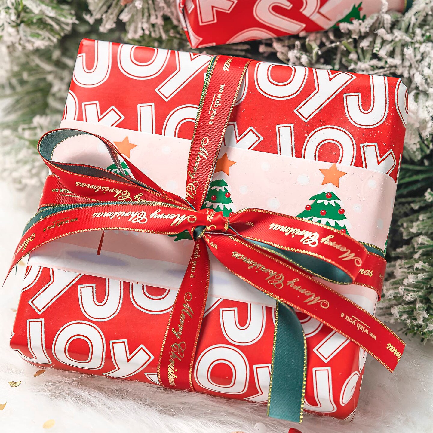 Reversible Christmas Wrapping Paper - Mini Roll - 17 Inch x 33 Feet - Christmas Tree Wrapping Paper with Joy Lettering Perfect for Holiday, Party, Celebration
