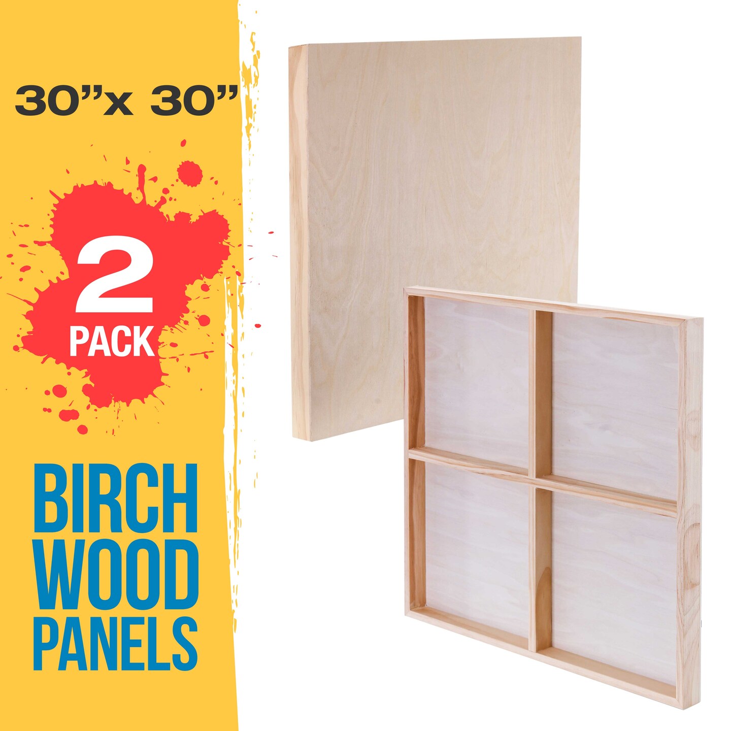 Unfinished Cradled Wood Panels for Painting, 2 Pack of 30x30 inch - Gallery Birch Wooden Canvas Boards 1-1/2&#x22; Deep - Mixed-Media Craft, Acrylic, Oil, Encaustic, Paint Pouring