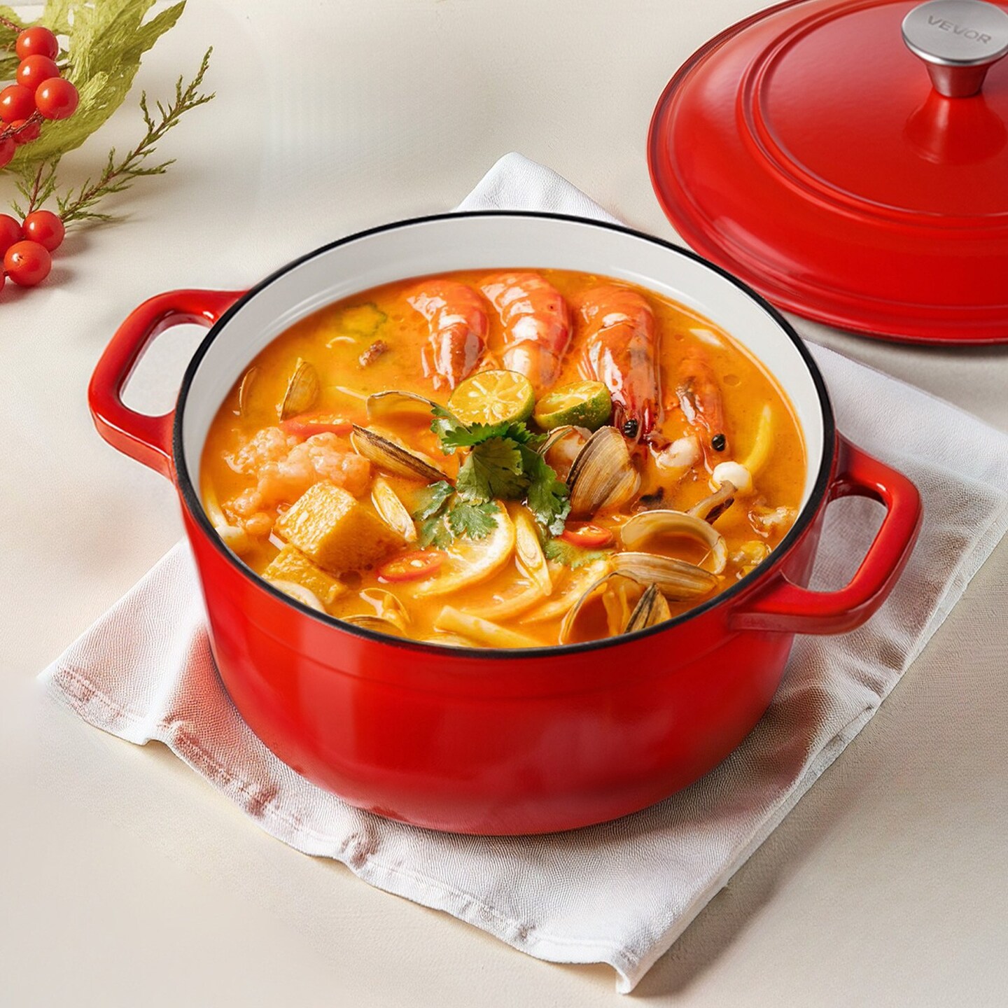 6 Quart Enameled Cast Iron Dutch Oven with Lid Dual Handles for Braising Stews Roasting