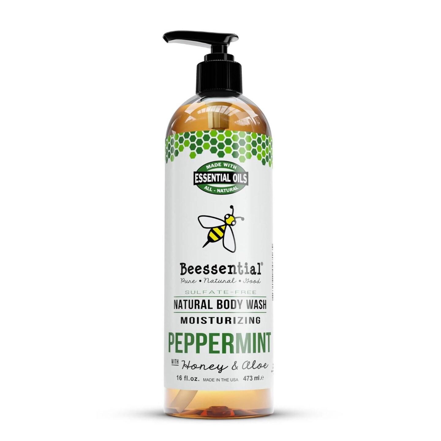 Beessential Natural Body Wash, Peppermint, Sulfate-Free Bath and Shower Gel with Essential Oils for Men and Women, 16 oz